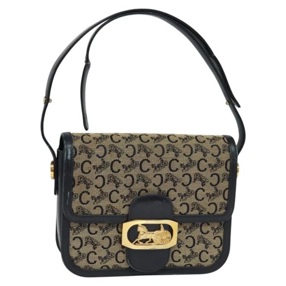 CELINE C Sulky Shoulder Bag Canvas Navy Gold Auth BA1018 - Picture 1 of 15